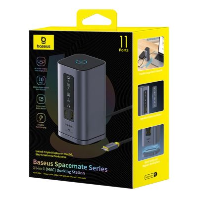 9. Baseus Spacemate hub USB-C 11in1 docking station 3xHDMI 4K 60Hz + 2xUSB-A (10Gb/s) + 1xUSB-C (10Gb/s) + RJ45 + 2xUSB-A (480Mb/s) + 1xUSB-C (PD) + 1xMinijack 3.5mm - gray