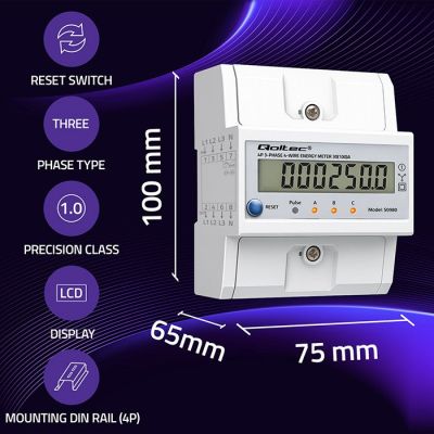 18. Qoltec 50980 Three-phase electronic meter with reset | DIN rail energy meter | 400V | 100A | LCD | LED | 4P