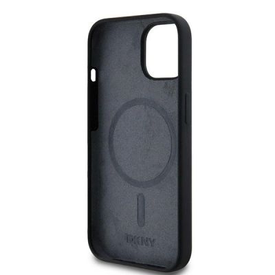 7. DKNY Liquid Silicone White Printed Logo MagSafe Case for iPhone 15 / 14 / 13 - Black