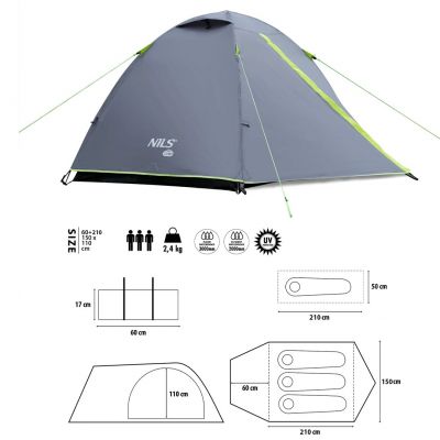 6. NILS CAMP Explorer NC6004 3-person camping tent, gray