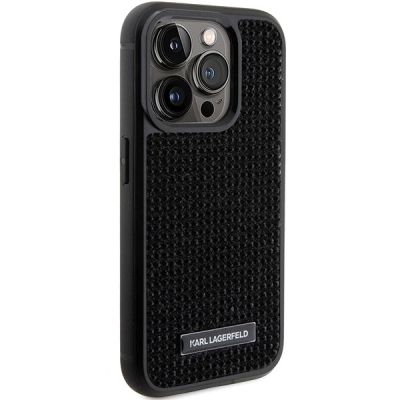 4. Karl Lagerfeld Rhinestone Logo Metal Plate case for iPhone 15 Pro Max - black