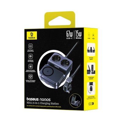 3. Baseus NOMOS ND11 67W 6-in-1 Wireless Charging Station with Two AC Sockets - Black