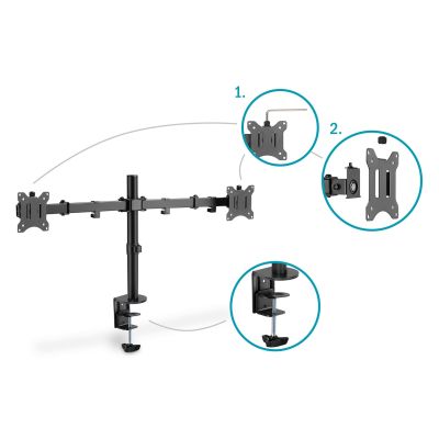 12. DIGITUS DOUBLE DESK MOUNT WITH CLAMP 2XLCD MAX. 32" MAX. LOAD 2X 8KG TILT AND SWIVEL BLACK DA-90400