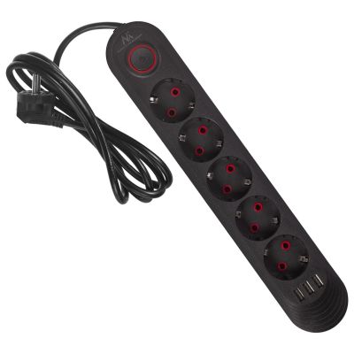 4. MACLEAN POWER STRIP, EXTENSION CORD, 5 OUTLETS + 3XUSB, 110-240V AC 50/60HZ, 2.1A MAX 2500W, 1.5M, BLACK MCE395 B