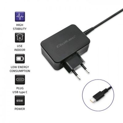 4. QOLTEC WALL CHARGER 65W | 5-20V | 3-3.25A | USB TYPE C | PD | BLACK