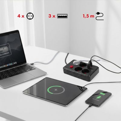 8. MACLEAN POWER STRIP, EXTENSION CORD 4 OUTLETS + 3XUSB, 110-240V AC 50/60HZ, 2.1A MAX 2500W, 1.5M, BLACK MCE392 B
