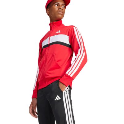 10. adidas Seasonal Essentials Tiberio 3-Stripes Tricot Kids Tracksuit Red and Black JI6214