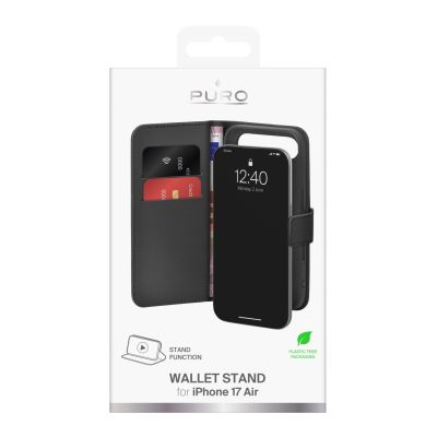 2. Puro Wallet Stand Case for iPhone 17 Air made of eco-leather, with a flap, wallet and stand function - black