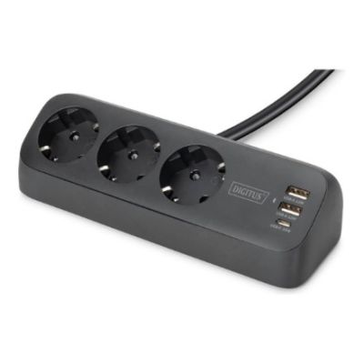 Digitus 3-Way Office Power Strip with 2 USB-A and 1 USB-C Ports, Black