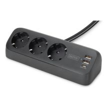 Digitus 3-Way Office Power Strip with 2 USB-A and 1 USB-C Ports, Black