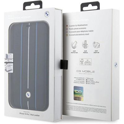 7. Case BMW BMBKP14L22RVSK iPhone 14 Pro 6.1" black/black bookcase Leather Stamp Blue Lines