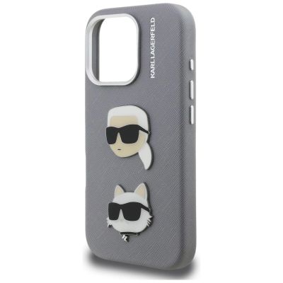 6. Karl Lagerfeld FW Grained Karl & Choupette Heads Pins Case for iPhone 16 Pro - Gray