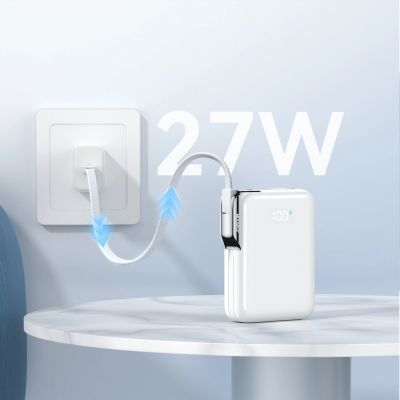 7. Joyroom JR-PBF27 Pro 10000mAh 30W Power Bank with Built-in USB-C Cable and Additional Bidirectional USB-C to Lightning Cable - White