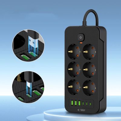 3. Tech-Protect PC6X6 Power Strip 6 Sockets 240V + 3xUSB-A + 3xUSB-C 200cm - Black