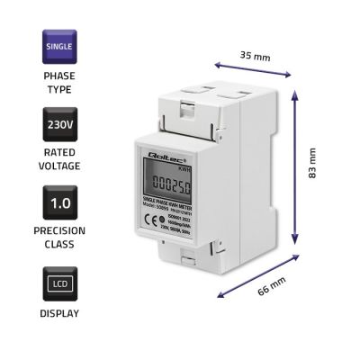 6. QOLTEC SINGLE-PHASE ENERGY CONSUMPTION METER FOR DIN RAIL | 230V | LCD | 2P