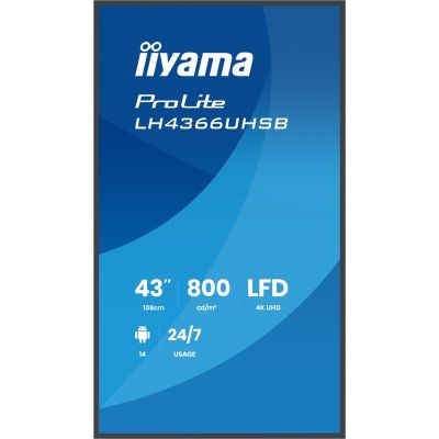 9. iiyama LH4366UHSB-B1AG signage display Flat panel Digital Signage 109.2 cm (43") LCD Wi-Fi 800 cd/m2 4K Ultra HD Black Built-in processor Android 24/7