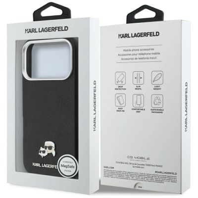 8. Karl Lagerfeld Karl & Choupette Head Pins Saffiano MagSafe Case for iPhone 17 Pro Max - Black