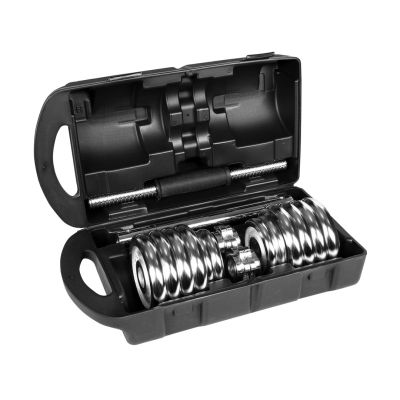 11. REBEL ACTIVE ADJUSTABLE CHROME DUMBBELLS IN CASE WITH BAR, 15 KG SET