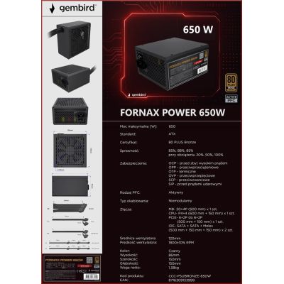 14. GEMBIRD COMPUTER POWER SUPPLY FORNAX POWER 650W 80+BRONZE ATX, 650W, ACTIVE PFC, 12CM FAN