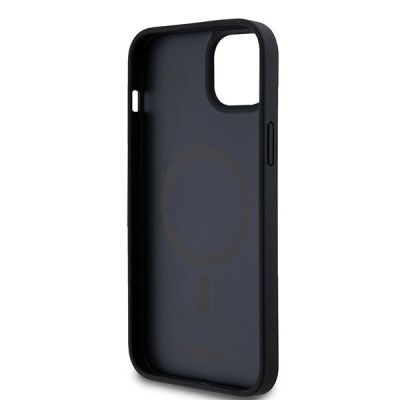 7. DKNY Leather Monogram Pattern Metal Logo MagSafe Case for iPhone 15 Plus / 14 Plus - Black