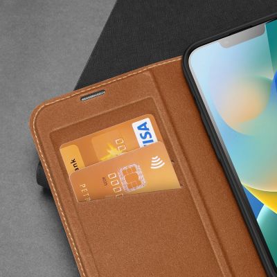 9. Dux Ducis Skin X2 case for iPhone 14 Plus case with magnetic flap brown