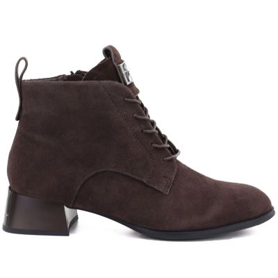 7. Women's leather ankle boots with high heels, suede, dark brown, Vinceza FIO27-67036