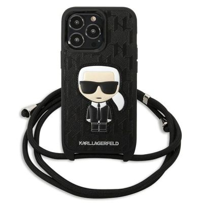 2. Karl Lagerfeld Leather Monogram Patch and Cord Iconik Case for iPhone 13 Pro / 13 - Black