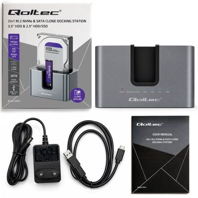 11. Qoltec 52631 HDD SSD Docking Station | SATA | M.2 NVMe | Cloning | USB-C | 10Gb/s | 28TB