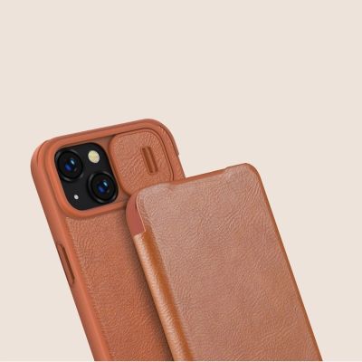 14. Nillkin Qin Leather Pro Case iPhone 14 Plus Camera Cover Holster Cover Flip Case Brown