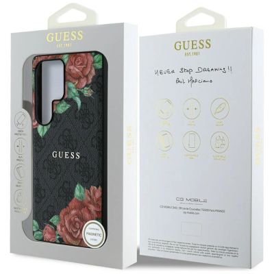 8. Guess Leather 4G Flowers Print Metal Classic Logo MagSafe Case for Samsung Galaxy S25 Ultra - Black
