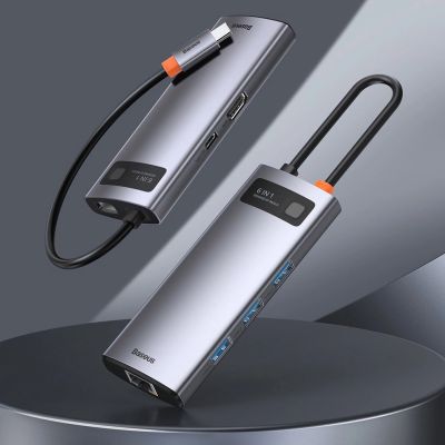12. Baseus Metal Gleam 6-in-1 USB-C - USB-C PD 100W HUB 1x HDMI 4K 30Hz 3x USB-A 3.2 1x RJ45 - gray
