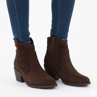 5. Women's suede ankle boots with openwork heel, brown, S.Barski HY61-8012