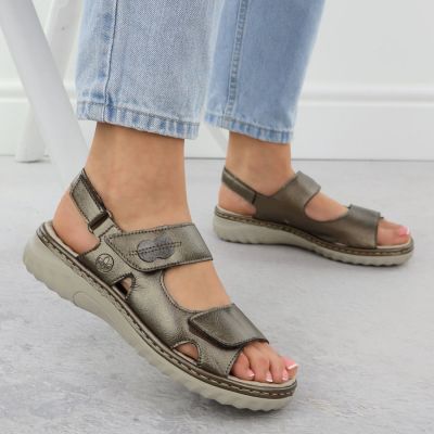 6. Women's leather sandals with Velcro, metallic brown, Rieker 60462-90