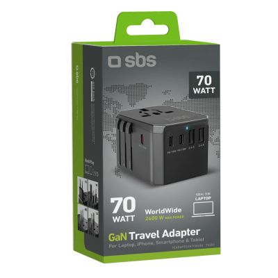 2. SBS Universal GaN Travel Adapter 70W 3xUSB-C 2xUSB-A with Case - Black
