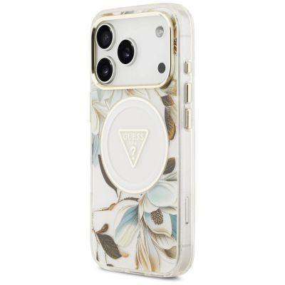 2. Guess IML Glitter Flowers Triangle MagSafe Case for iPhone 17 Pro / 18 Pro - White