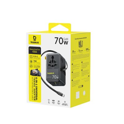 4. Baseus EnerCore CG11 70W 6-in-1 Travel Adapter with Retractable USB-C Cable - Black