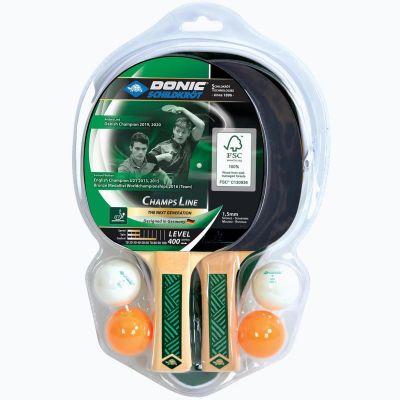 4. TABLE TENNIS SET 2 RACKETS 2 COVERS 4 BALLS CHAMPS 400 FSC DONIC