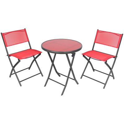 10. BALCONY FURNITURE SET ROUND TABLE AND 2 FOLDING CHAIRS RED