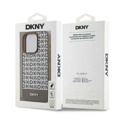 8. DKNY Leather Printed Pattern Metal Logo MagSafe Case for iPhone 15 Pro Max - Brown