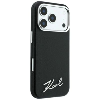 4. Karl Lagerfeld Saffiano Small Script Metal Logo MagSafe Case for iPhone 17 Pro Max / 18 Pro Max - Black