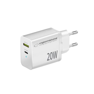 ESPERANZA 20W USB-C PD 20W / USB-A QC 3.0 18W MAINS CHARGER, WHITE EZC105W