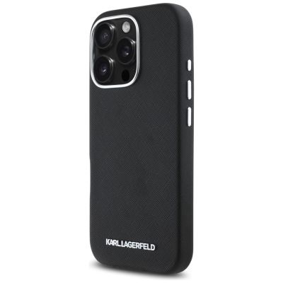 2. Karl Lagerfeld Saffiano Full Wrapped Elongated Metal Logo MagSafe iPhone 16 Pro Case - Black