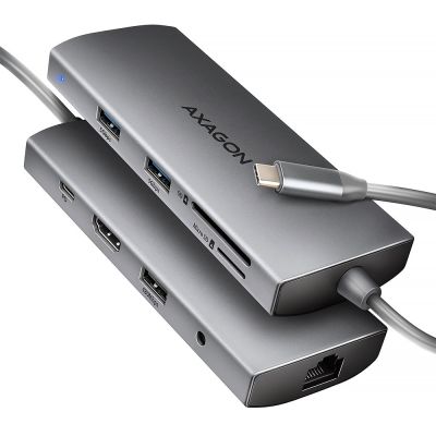 AXAGON HMC-8HLSA Multiport Hub USB-C 3.2 Gen 1, 3x USB-A + 4K/60Hz HDMI + SD/microSD, Gigabit LAN, Audio, PD 100W - Silver