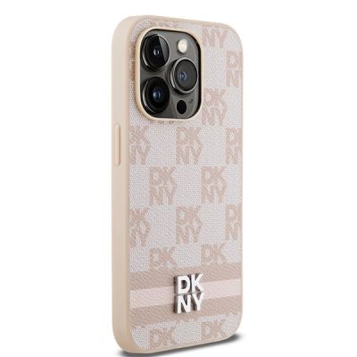 4. DKNY Leather Checkered Mono Pattern & Printed Stripes case for iPhone 14 Pro - pink