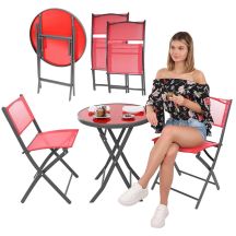 BALCONY FURNITURE SET ROUND TABLE AND 2 FOLDING CHAIRS RED