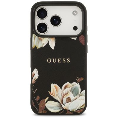 3. Guess Grained Flowers Classic Logo MagSafe case for iPhone 17 Pro - black