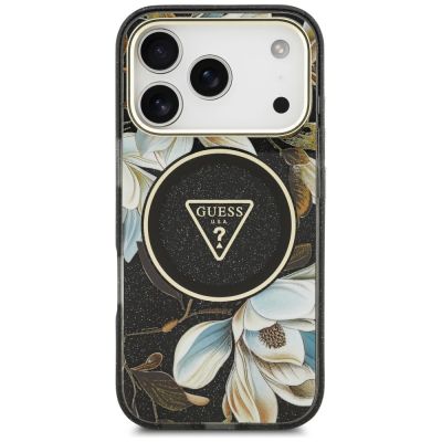 3. Guess IML Glitter Flowers Triangle MagSafe Case for iPhone 18 Pro Max / 17 Pro Max – Black
