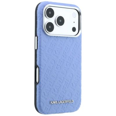 4. Karl Lagerfeld Grained Allover Logo Metal Elongated MagSafe Case for iPhone 17 Pro / 18 Pro - Blue
