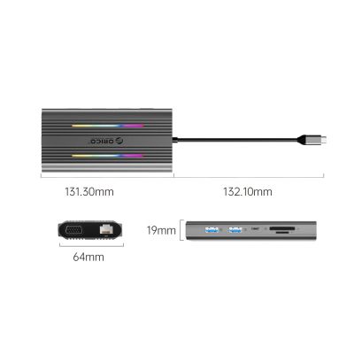 3. Orico XCR 12in1 RGB USB-C Docking Station 3x USB-A USB-C PD 100W HDMI 4K VGA RJ45 Gigabit SD and microSD Card Reader - Gray