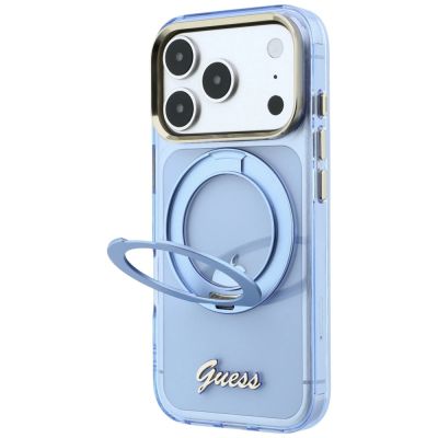 3. Guess IML Ring Stand 360 Script Metal Logo MagSafe Case for iPhone 17 Pro / 18 Pro - Light Blue
